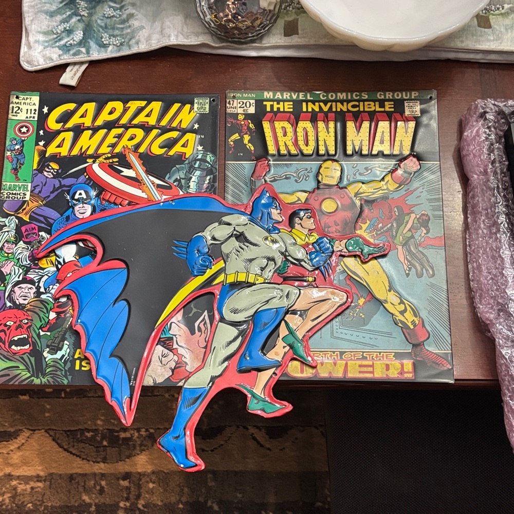 Superhero Set three tin wall signs Batman Iron Man Superman used